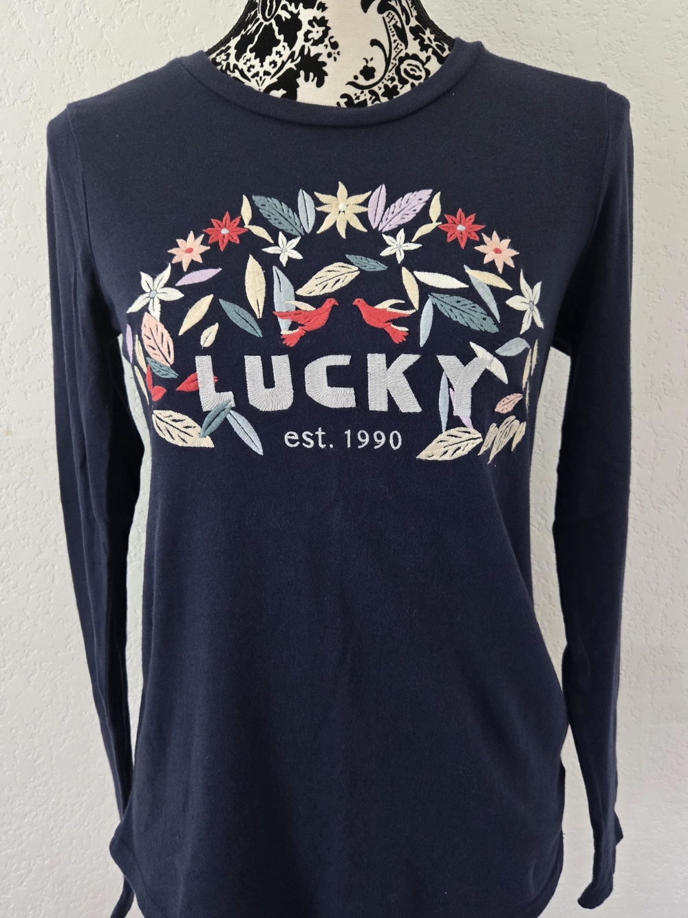 Lucky Brand Navy Long Sleeve Tee with Floral & Bird Graphic